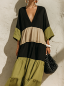 Women's Casual Vacation-Style Cotton-Linen Color-Block V-Neck Flare-Sleeve Maxi Dress ZMZ0279G3ZYY