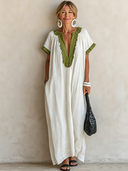 Women's Casual Resort-Style Cotton-Linen V-Neck Short-Sleeve Loose Maxi Dress ZMZ3093F9ZYY