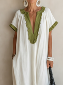 Women's Casual Resort-Style Cotton-Linen V-Neck Short-Sleeve Loose Maxi Dress ZMZ3093F9ZYY
