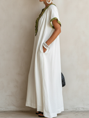 Women's Casual Resort-Style Cotton-Linen V-Neck Short-Sleeve Loose Maxi Dress ZMZ3093F9ZYY