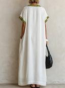 Women's Casual Resort-Style Cotton-Linen V-Neck Short-Sleeve Loose Maxi Dress ZMZ3093F9ZYY