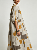 Women's Vintage Casual Cotton-Linen Printed With Mandarin Collar And Mid-Length Sleeves Loose Maxi Dress ZMZ0739G5ZYY