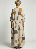 Women's Vintage Casual Cotton-Linen Printed With Mandarin Collar And Mid-Length Sleeves Loose Maxi Dress ZMZ0739G5ZYY