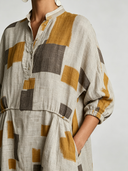 Women's Vintage Casual Cotton-Linen Printed With Mandarin Collar And Mid-Length Sleeves Loose Maxi Dress ZMZ0739G5ZYY