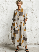 Women's Vintage Casual Cotton-Linen Printed With Mandarin Collar And Mid-Length Sleeves Loose Maxi Dress ZMZ0739G5ZYY