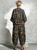 Women's Vintage Casual Cotton-Linen Printed V-Neck Top And Wide-Leg Pants Set ZMZ0710G0ZYY
