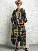 Women's Vintage Casual Cotton-Linen Printed V-Neck Top And Wide-Leg Pants Set ZMZ0710G0ZYY