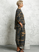 Women's Vintage Casual Cotton-Linen Printed V-Neck Top And Wide-Leg Pants Set ZMZ0710G0ZYY