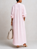 Women's Classic Cotton Linen V-Neck Front Slit Long Sleeve Maxi Dress ZMZ0877G4SWL
