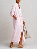 Women's Classic Cotton Linen V-Neck Front Slit Long Sleeve Maxi Dress ZMZ0877G4SWL