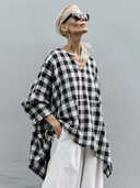 Women's Vintage Casual Black & White Checkered Cotton V-Neck Long-Sleeve Loose Shirt ZMZ0838G4ZYY