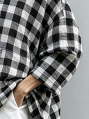 Women's Vintage Casual Black & White Checkered Cotton V-Neck Long-Sleeve Loose Shirt ZMZ0838G4ZYY