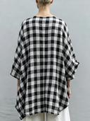 Women's Vintage Casual Black & White Checkered Cotton V-Neck Long-Sleeve Loose Shirt ZMZ0838G4ZYY