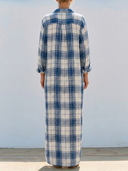 Women Premium Cotton Linen Plaid Print Shirt Maxi Dress Collar Roll Sleeve Side Pocket Split Hem Loose Vacation Tunic ZMZ0933G9YZH