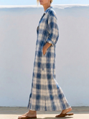Women Premium Cotton Linen Plaid Print Shirt Maxi Dress Collar Roll Sleeve Side Pocket Split Hem Loose Vacation Tunic ZMZ0933G9YZH