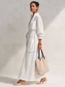 Women's Classic Textured Blended Fabric Belted Long-sleeved Maxi Dress ZMZ0874G1SWL