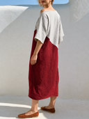 Women Premium Cotton Linen Color Block Midi Dress Asymmetric Off Shoulder Short Sleeve Pocket Loose Vacation Tunic ZMZ0954G7YZH