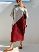 Women Premium Cotton Linen Color Block Midi Dress Asymmetric Off Shoulder Short Sleeve Pocket Loose Vacation Tunic ZMZ0954G7YZH