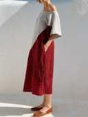 Women Premium Cotton Linen Color Block Midi Dress Asymmetric Off Shoulder Short Sleeve Pocket Loose Vacation Tunic ZMZ0954G7YZH