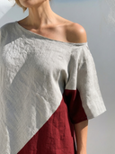 Women Premium Cotton Linen Color Block Midi Dress Asymmetric Off Shoulder Short Sleeve Pocket Loose Vacation Tunic ZMZ0954G7YZH