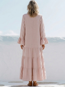 Women Premium Cotton Linen Ruffle V Neck Tiered Maxi Dress Flare Long Sleeve Loose Vacation Boho Tunic ZMZ0939G1YZH