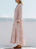 Women Premium Cotton Linen Ruffle V Neck Tiered Maxi Dress Flare Long Sleeve Loose Vacation Boho Tunic ZMZ0939G1YZH