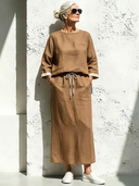Women's Vintage Casual Cotton-Linen Long-Sleeve Crew-Neck Top And Elastic-Waist Skirt Set ZMZ0947G1ZYY