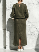 Women's Vintage Casual Cotton-Linen Long-Sleeve Crew-Neck Top And Elastic-Waist Skirt Set ZMZ0947G1ZYY
