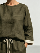 Women's Vintage Casual Cotton-Linen Long-Sleeve Crew-Neck Top And Elastic-Waist Skirt Set ZMZ0947G1ZYY