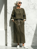 Women's Vintage Casual Cotton-Linen Long-Sleeve Crew-Neck Top And Elastic-Waist Skirt Set ZMZ0947G1ZYY