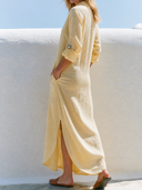 Women Autumn Cotton Linen Shirt Dress Collar Roll Tab Sleeve Side Pocket Split Hem Loose Fall Vacation Midi Tunic ZMZ0994G1YZH