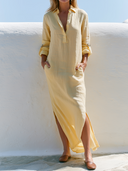 Women Autumn Cotton Linen Shirt Dress Collar Roll Tab Sleeve Side Pocket Split Hem Loose Fall Vacation Midi Tunic ZMZ0994G1YZH