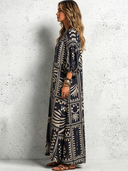 Women's Vintage Casual Cotton-Linen Printed V-Neck Lantern-Sleeve Loose Maxi Dress ZMZ0980G2ZYY