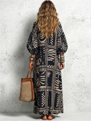 Women's Vintage Casual Cotton-Linen Printed V-Neck Lantern-Sleeve Loose Maxi Dress ZMZ0980G2ZYY