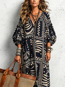 Women's Vintage Casual Cotton-Linen Printed V-Neck Lantern-Sleeve Loose Maxi Dress ZMZ0980G2ZYY