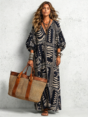 Women's Vintage Casual Cotton-Linen Printed V-Neck Lantern-Sleeve Loose Maxi Dress ZMZ0980G2ZYY