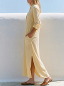 Women Autumn Cotton Linen Shirt Dress Collar Roll Tab Sleeve Side Pocket Split Hem Loose Fall Vacation Midi Tunic ZMZ0994G1YZH