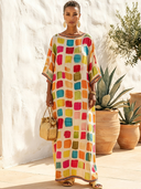 Women's Casual Holiday-Style Round Neck And Short Sleeves Cotton-Linen Printed Loose Maxi Dress ZMZ0945G3ZYY