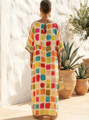 Women's Casual Holiday-Style Round Neck And Short Sleeves Cotton-Linen Printed Loose Maxi Dress ZMZ0945G3ZYY