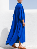 Women Autumn  Cotton Linen Maxi Kaftan Dress Stand Collar Wooden Button Half Placket Roll Sleeve Pocket Loose Fall Vacation Caftan ZMZ0905G6YZH