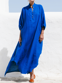 Women Autumn  Cotton Linen Maxi Kaftan Dress Stand Collar Wooden Button Half Placket Roll Sleeve Pocket Loose Fall Vacation Caftan ZMZ0905G6YZH