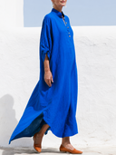 Women Autumn  Cotton Linen Maxi Kaftan Dress Stand Collar Wooden Button Half Placket Roll Sleeve Pocket Loose Fall Vacation Caftan ZMZ0905G6YZH
