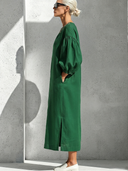 Women's Vintage Casual Embroidered Neckline And Loose Lantern Sleeves Cotton-Linen Midi Dress ZMZ0928G0ZYY