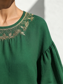 Women's Vintage Casual Embroidered Neckline And Loose Lantern Sleeves Cotton-Linen Midi Dress ZMZ0928G0ZYY