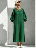 Women's Vintage Casual Embroidered Neckline And Loose Lantern Sleeves Cotton-Linen Midi Dress ZMZ0928G0ZYY