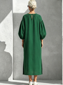 Women's Vintage Casual Embroidered Neckline And Loose Lantern Sleeves Cotton-Linen Midi Dress ZMZ0928G0ZYY