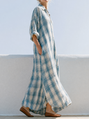 Women Autumn Cotton Blend Plaid Maxi Shirt Dress Collar Half Button Roll Sleeve Pocket Irregular Hem Loose Fall Vacation Tunic ZMZ0911G1YZH