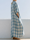 Women Autumn Cotton Blend Plaid Maxi Shirt Dress Collar Half Button Roll Sleeve Pocket Irregular Hem Loose Fall Vacation Tunic ZMZ0911G1YZH