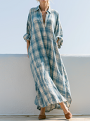 Women Autumn Cotton Blend Plaid Maxi Shirt Dress Collar Half Button Roll Sleeve Pocket Irregular Hem Loose Fall Vacation Tunic ZMZ0911G1YZH
