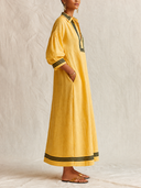 Women's Vintage Yellow Cotton-linen V-neck Three-quarter Sleeve Maxi Dress ZMZ0937G0SWL